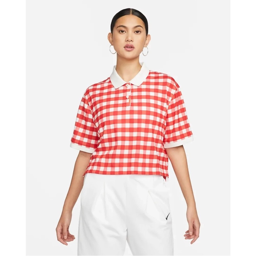 The Nike Polo Golf Dri-Fit Red White Plaid Loose Fit Cropped Polo Shirt Top L